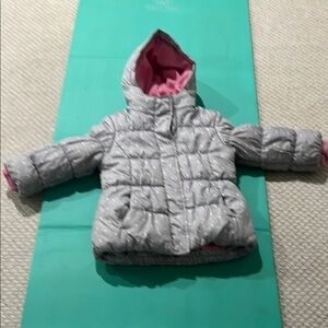 Gray Hooded Puffer Jacket with Pink Lining
